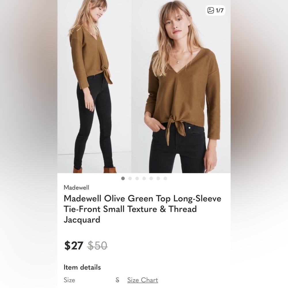 Madewell Olive Green Top Long-Sleeve Tie-Front Small Texture & Thread